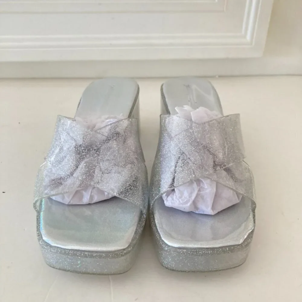 Jeffrey Campbell Silver Glitter Platform Slide Sandals